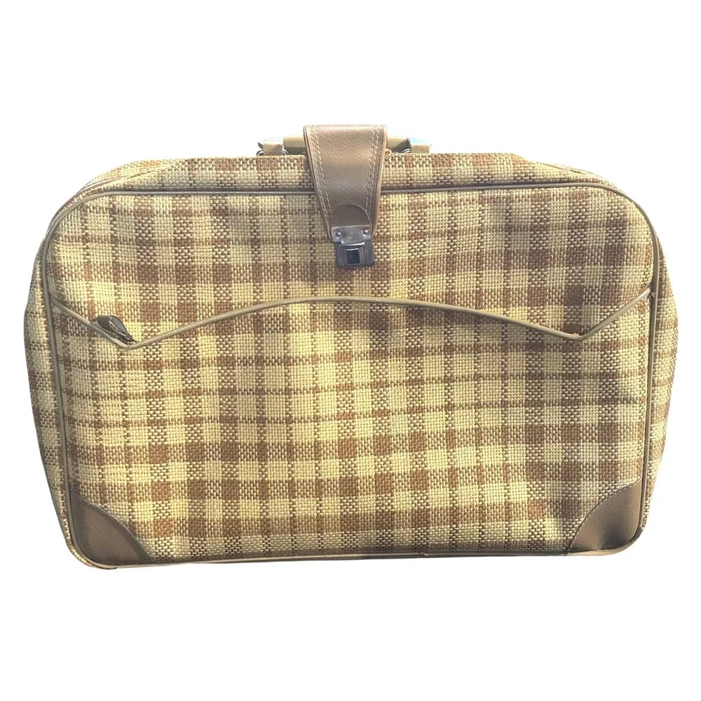 Vintage Plaid Suitcase Tan Yellow Woven Carry On Luggage Made Japan‎ Mid Century
